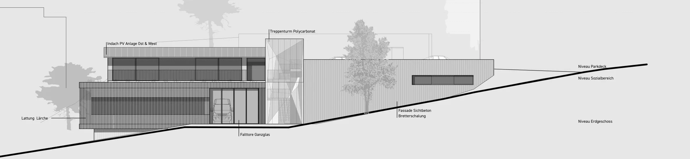 Ansicht Süd: Holzbau auf dem Sockel, daneben der Treppenturm aus Polycarbonat