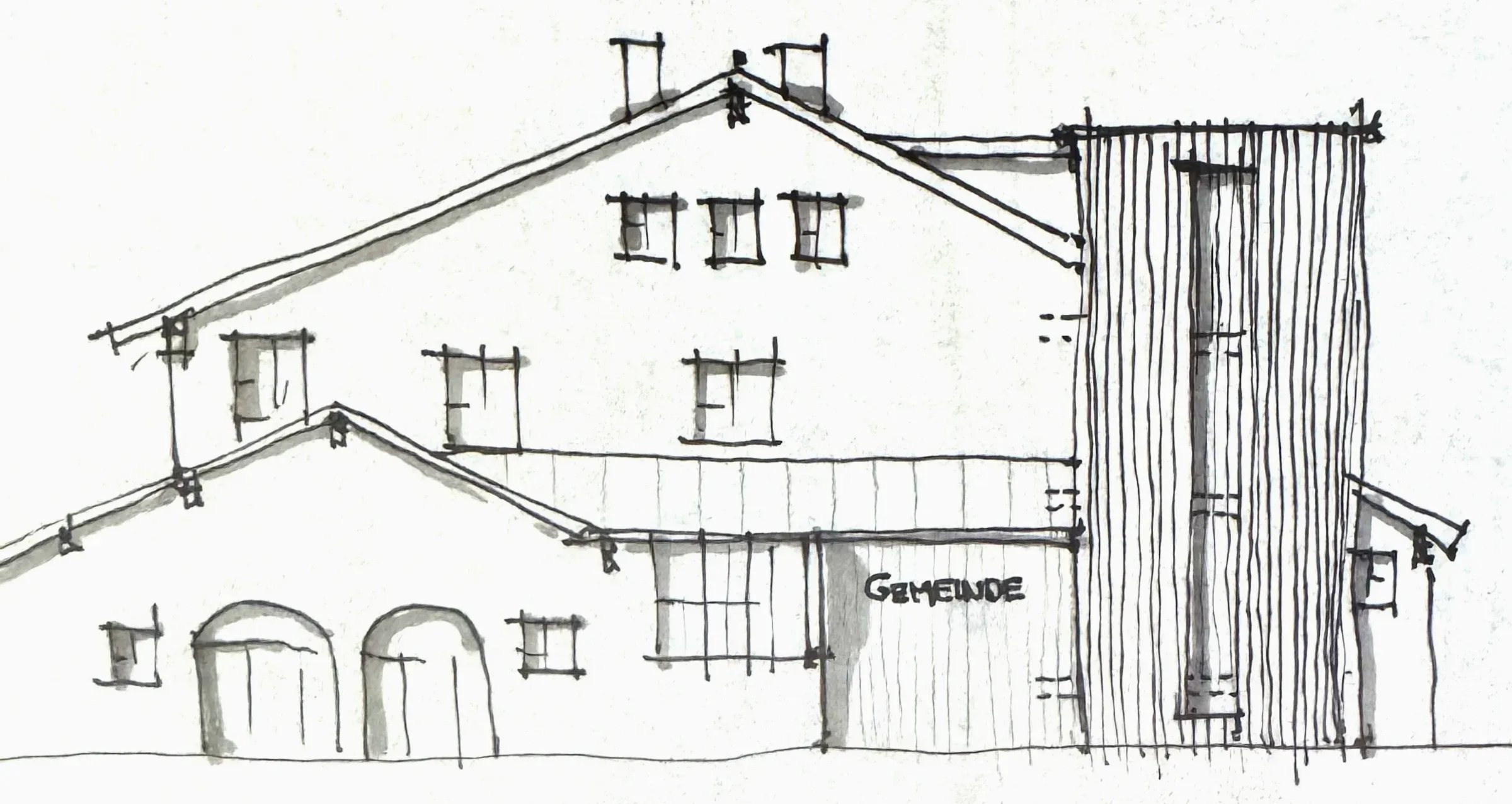 Handskizze des Gemeindehauses mit dem Anbau für Aufzug und Stiegenhaus