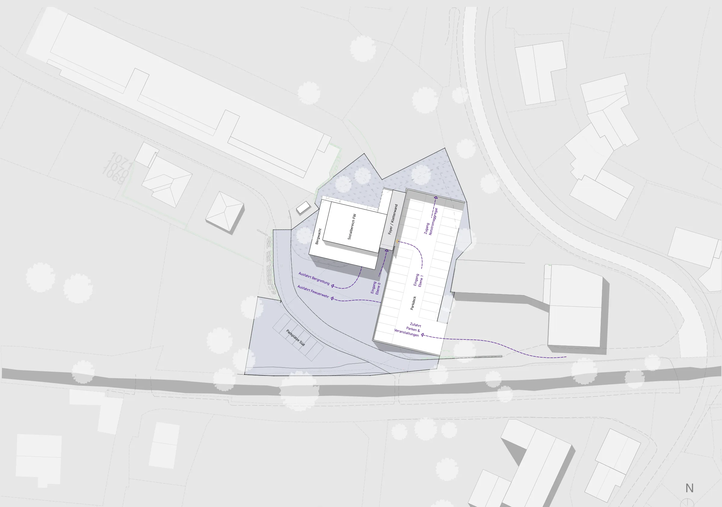 Lageplan: der Neubau am Hang zwischen Straße und Recyclinghof